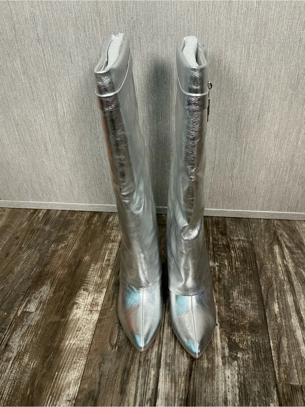 NWOB Fashion Nova Metallic Silver Knee-High Wedge Boots Size 9